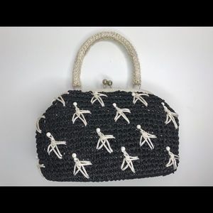 Sarne Vintage Black White Raffia Bead Purse Handbag